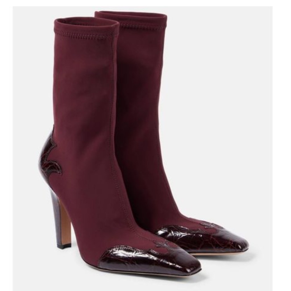 Paris Texas Belle 100 Western Stretch Leather Trim Ankle Boots in Burgundy